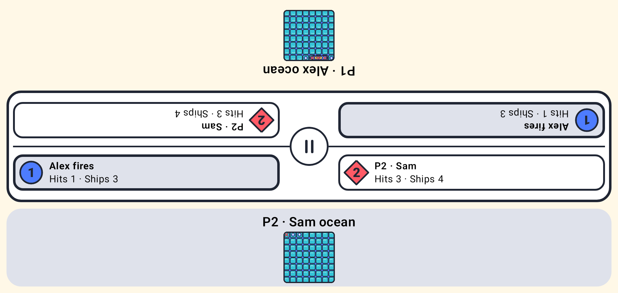 Battleship capture showing both oceans with recorded hits and misses, with Player 1 Alex firing
