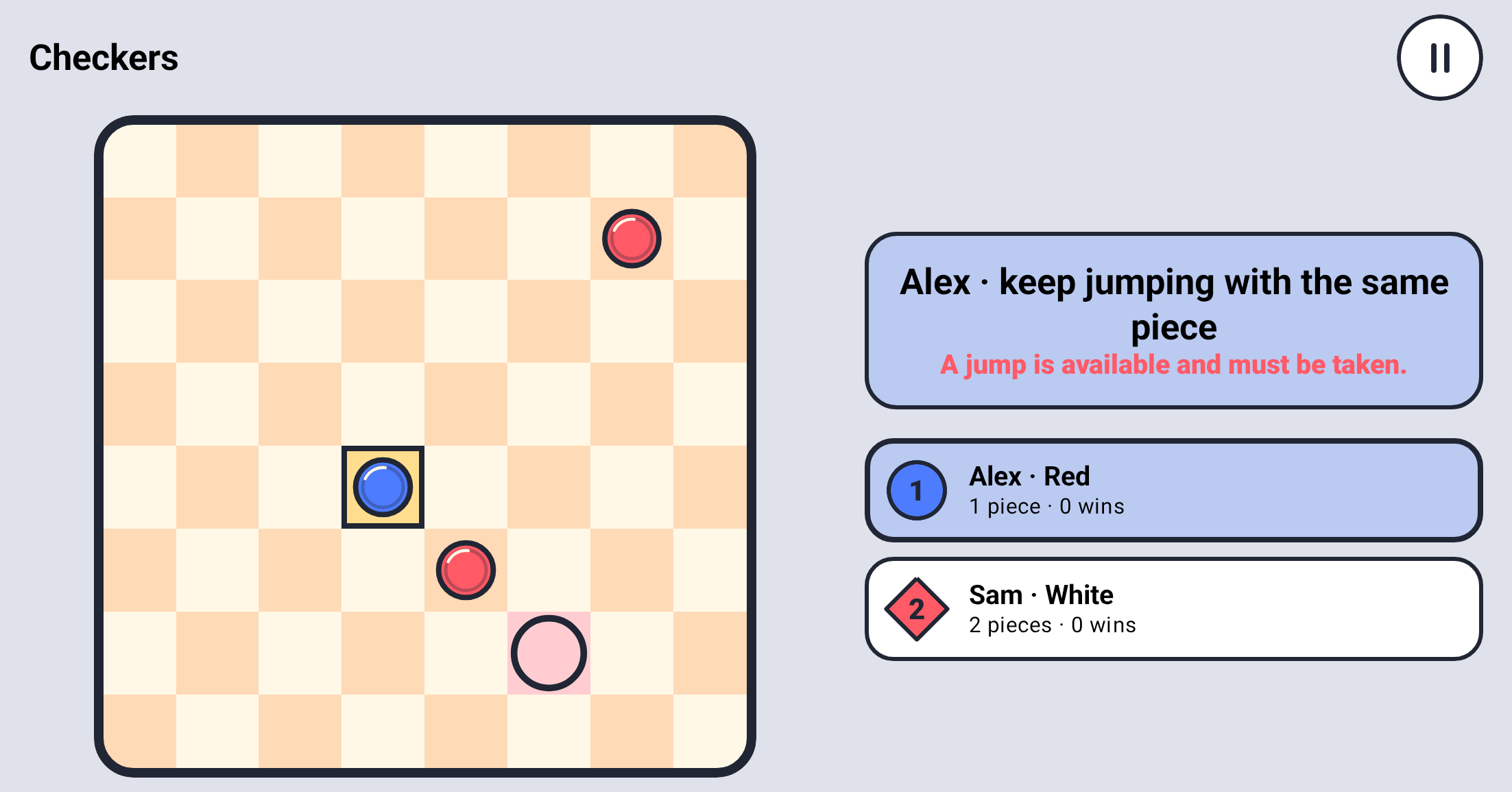 Checkers capture showing a compulsory chained jump with the same selected piece and a highlighted continuation
