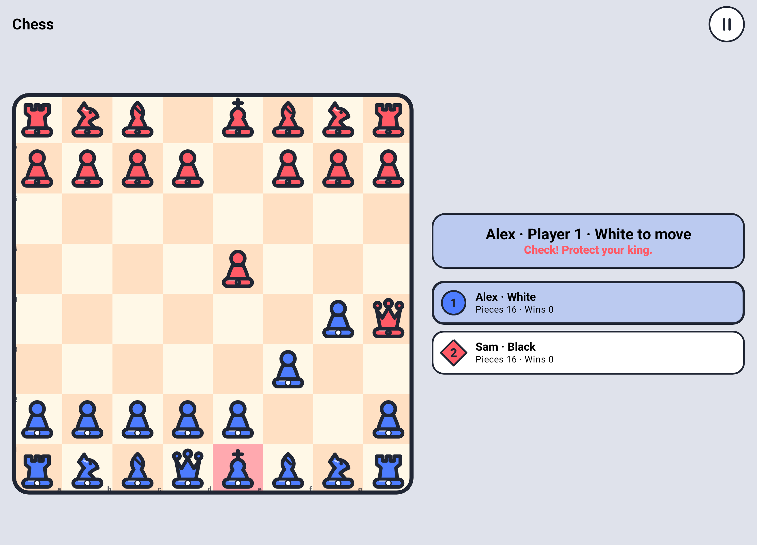 Chess board showing a queen on h4 checking the king on e1