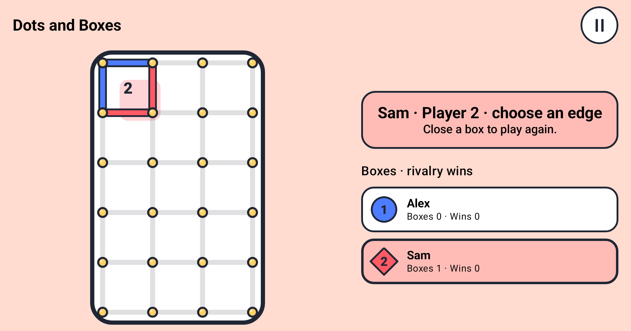 Dots and Boxes capture showing the top-left box claimed by Player 2, the active edge grid, and Player 2 retaining the turn
