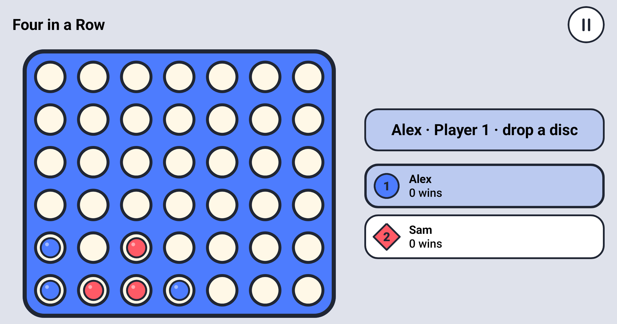 Four in a Row capture showing coloured discs in bottom stacks under gravity, with Player 1 to move