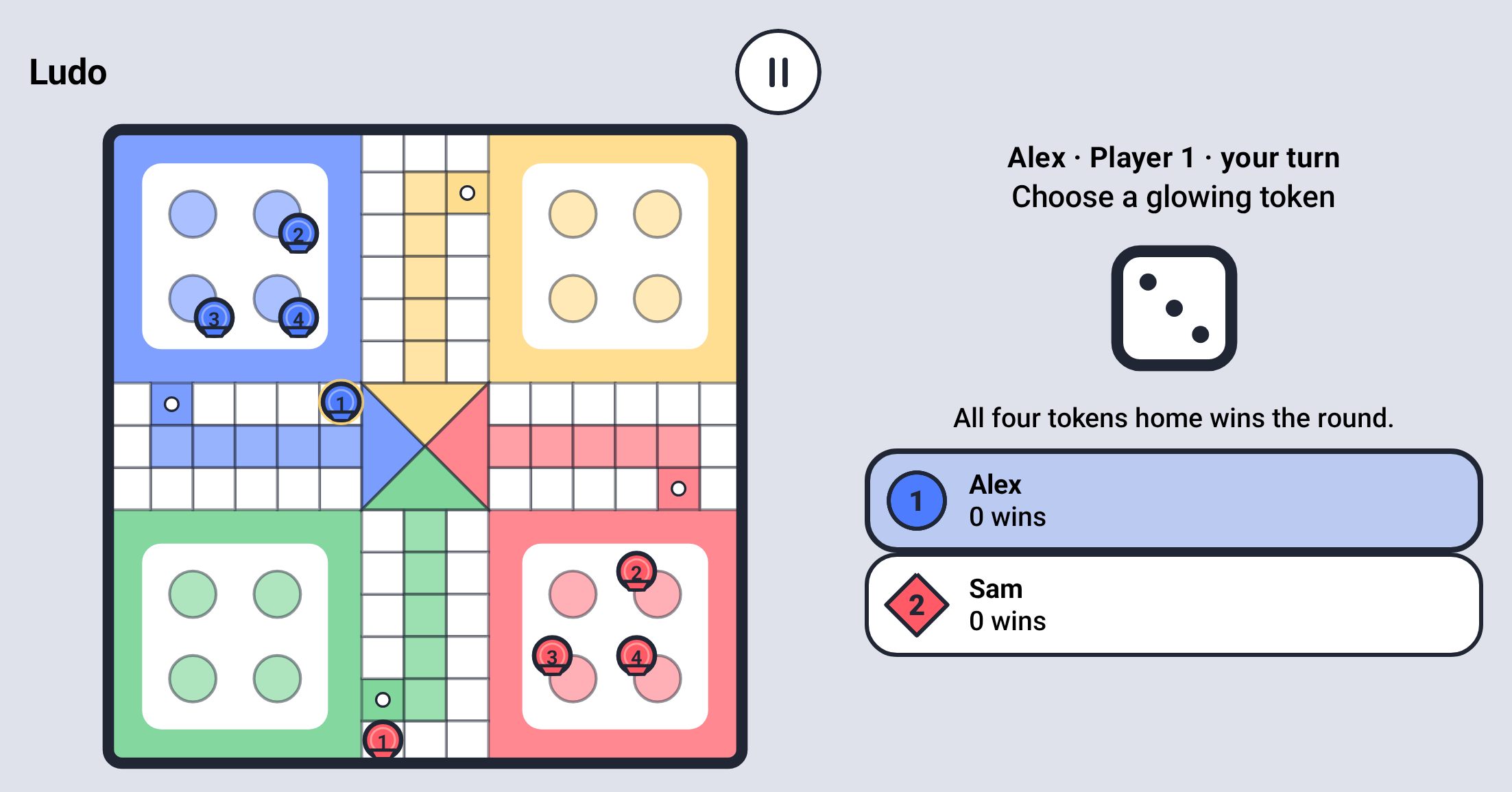 Ludo capture showing die 3, one glowing legal Player 1 route token, and yard tokens 2-4 unable to enter without a 6