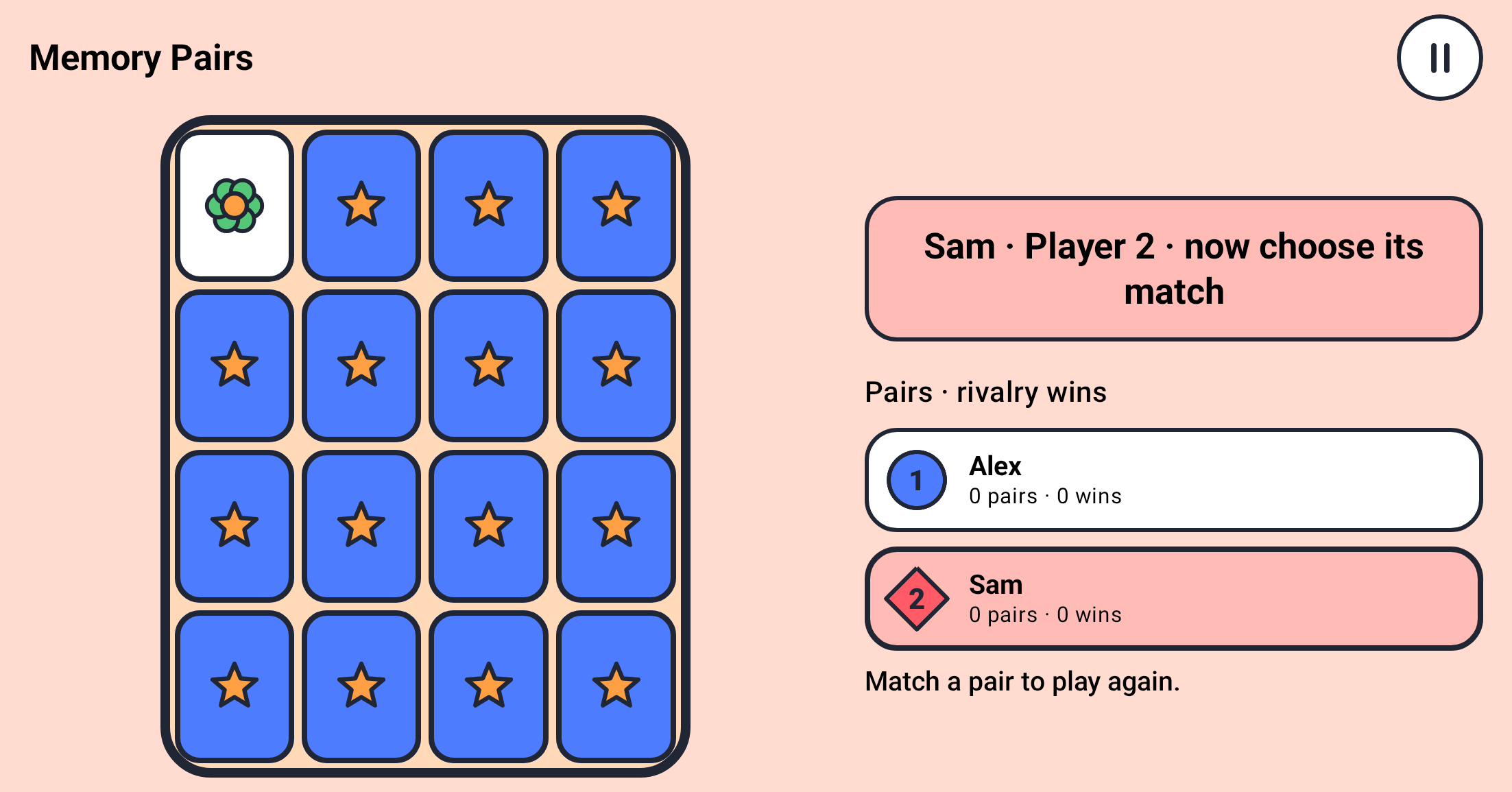 Memory Pairs capture showing Flower revealed at top-left, all other cards hidden, and Player 2 choosing its match