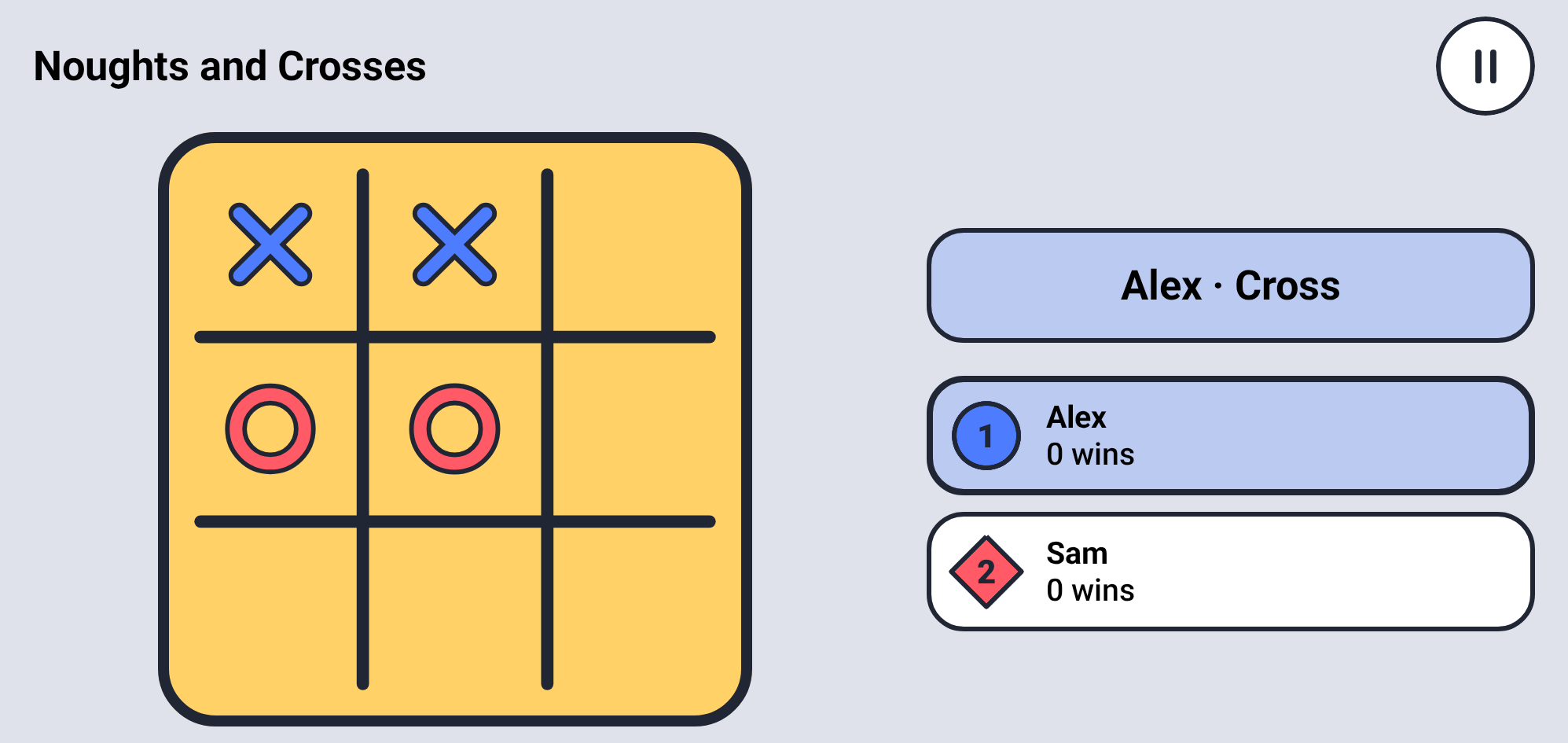 Noughts and Crosses capture: X at top-left and top-middle, O at middle-left and middle-middle, top-right empty, Cross to move