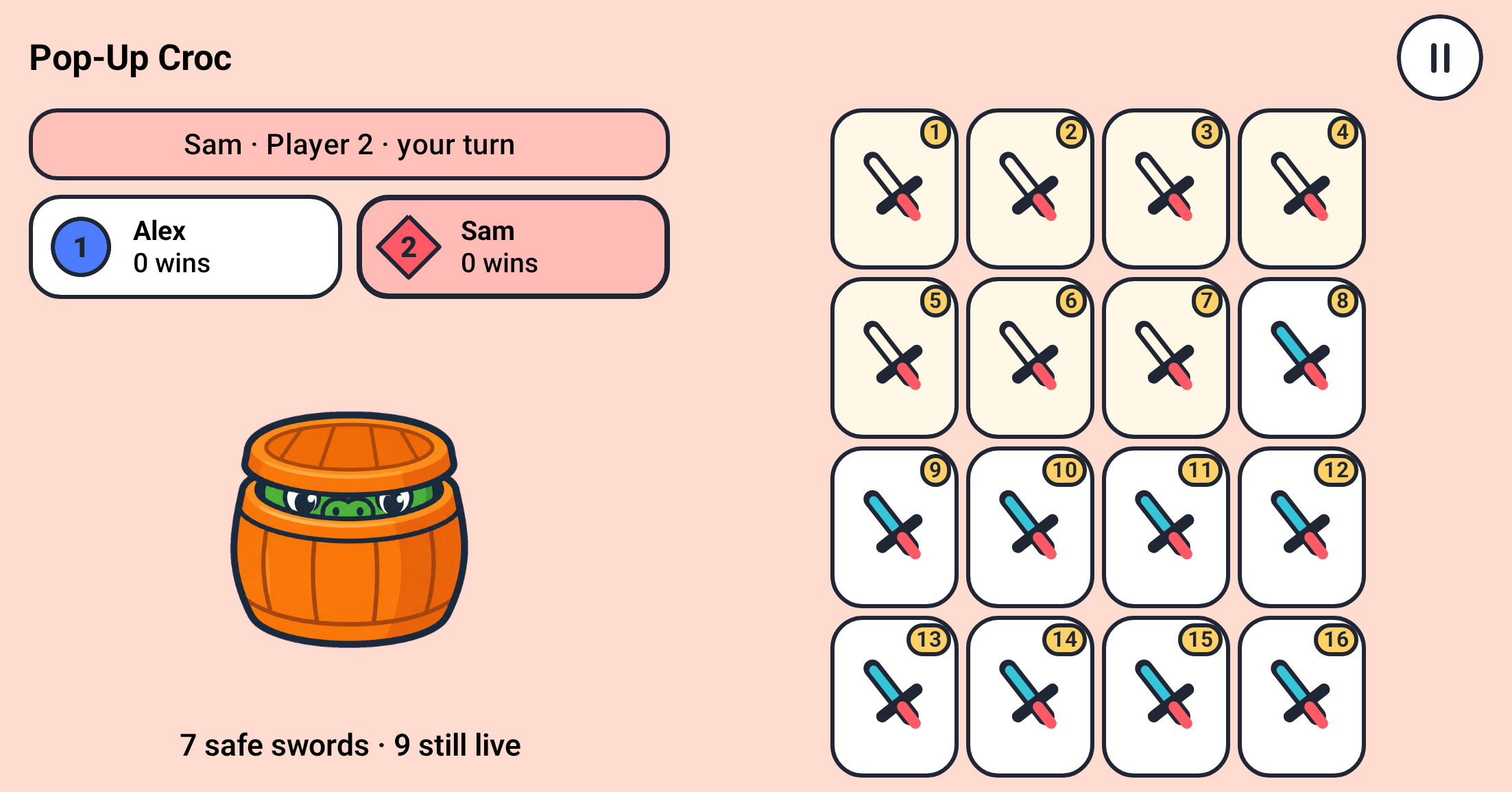 Pop-Up Croc capture with Player 2 active: slots 1-7 safe, slots 8-16 live, 7 safe and 9 live